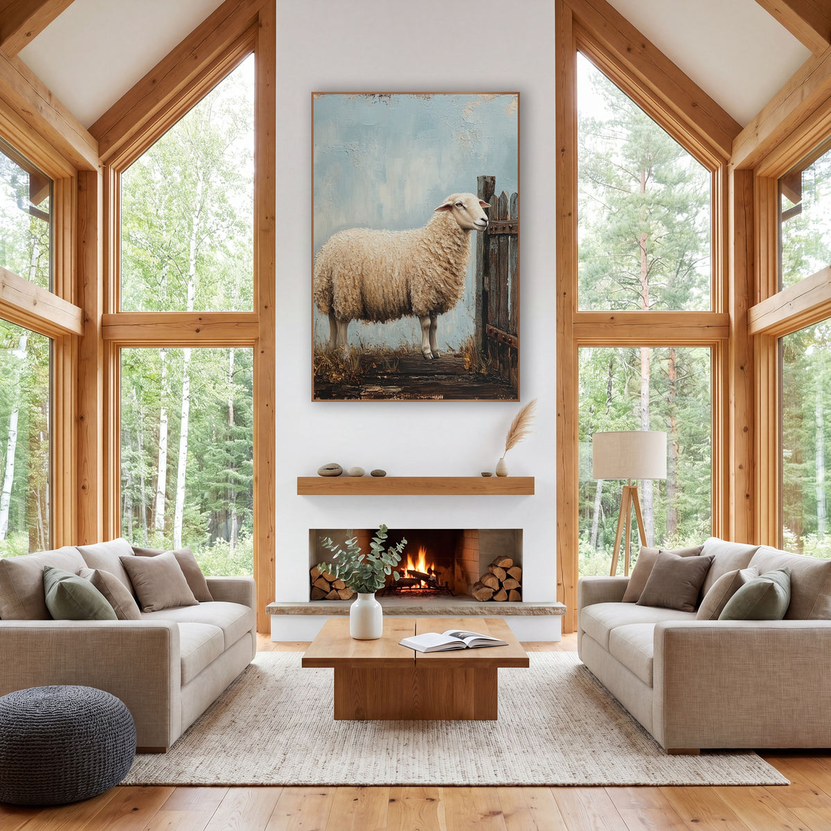 Woolly Sheep Weathered Gate Farmhouse wall art in a farmhouse-style room – cream woolly sheep standing