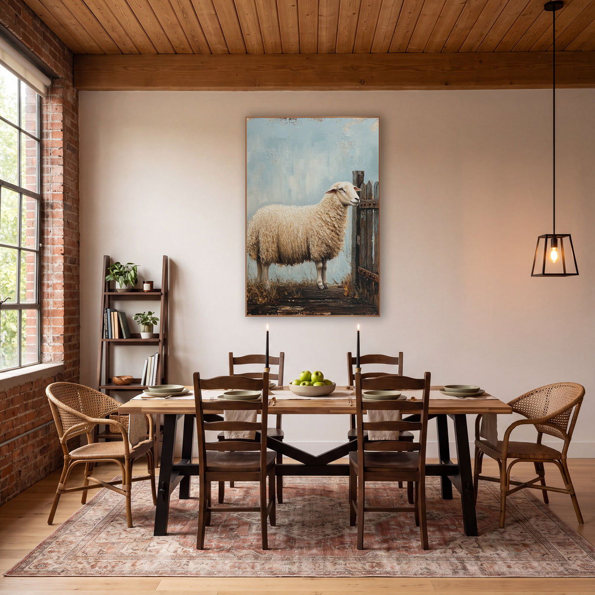 Woolly Sheep Weathered Gate Farmhouse wall art in a farmhouse-style room – cream woolly sheep standing