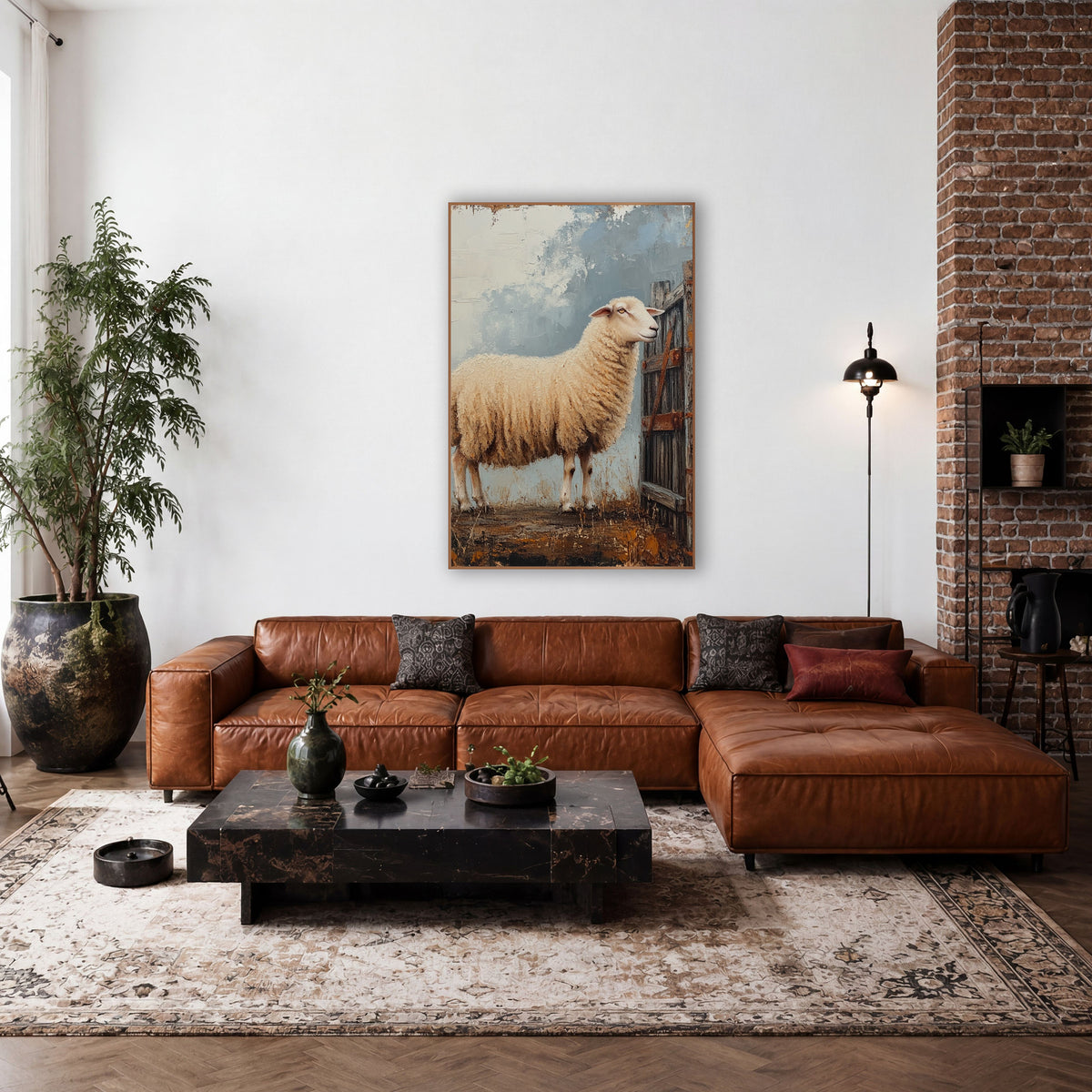 Cream Sheep Weathered Gate Farmhouse wall art in a farmhouse-style room – cream sheep standing in profile