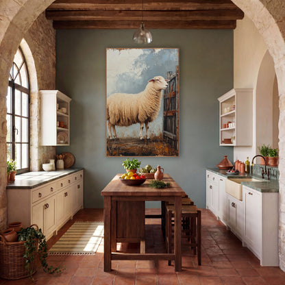 Cream Sheep Weathered Gate Farmhouse wall art in a farmhouse-style room – cream sheep standing in profile