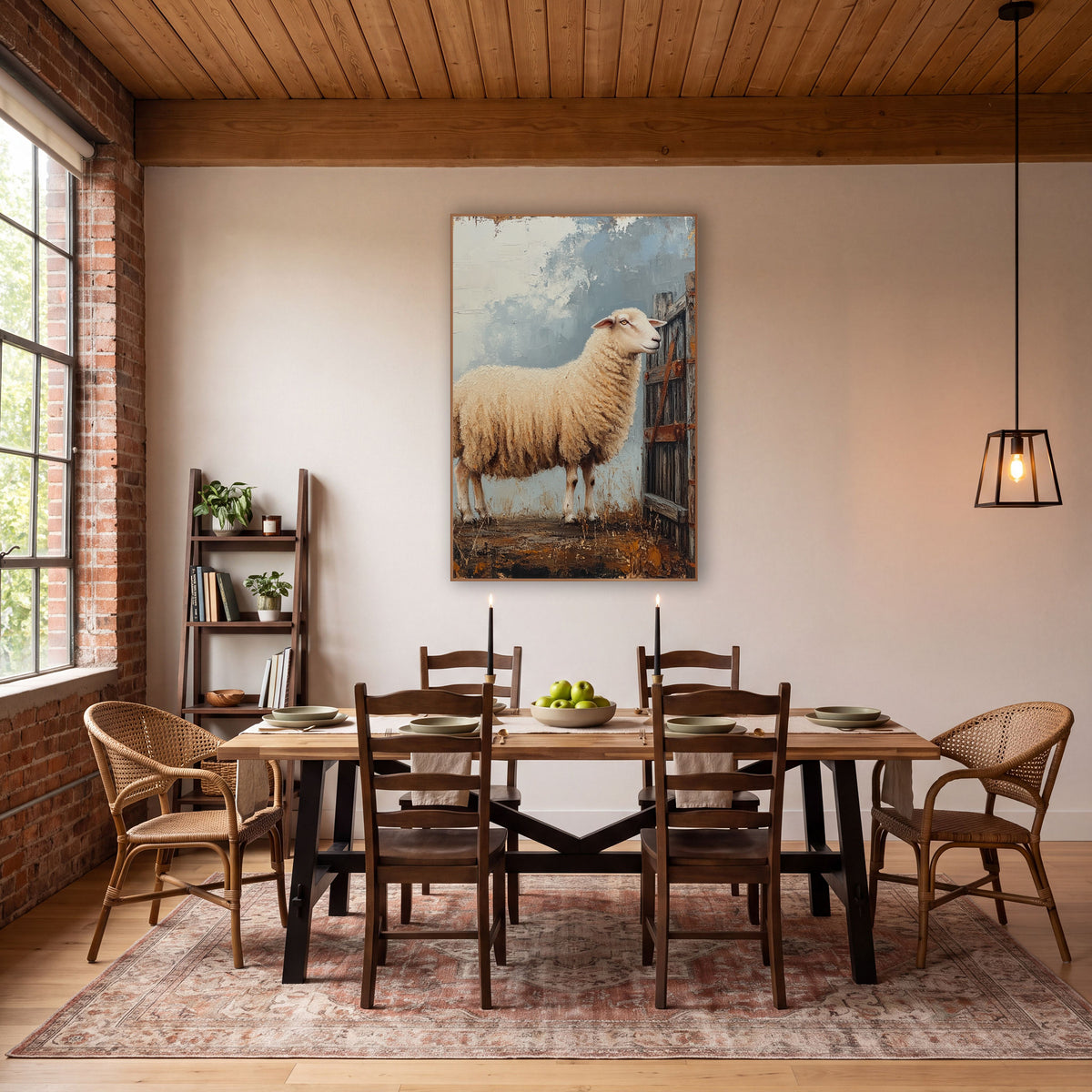 Cream Sheep Weathered Gate Farmhouse wall art in a farmhouse-style room – cream sheep standing in profile