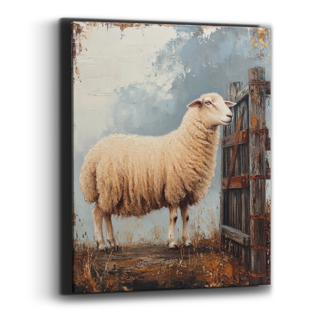 Cream Sheep Weathered Gate Farmhouse Canvas Wall Art
