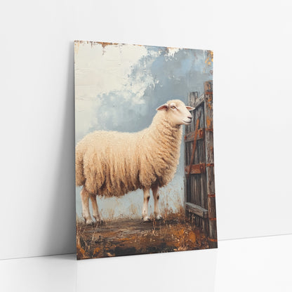 Cream Sheep Weathered Gate Farmhouse art print leaning against a white wall – cream sheep standing in profile