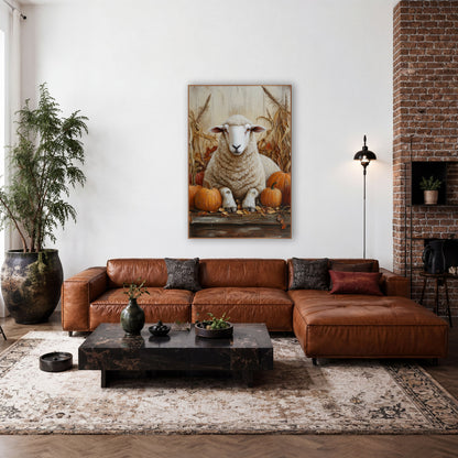 Cream Sheep Autumn Pumpkin Farmhouse wall art in a farmhouse-style room – cream sheep with amber eyes resting among
