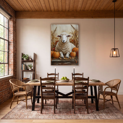 Cream Sheep Autumn Pumpkin Farmhouse wall art in a farmhouse-style room – cream sheep with amber eyes resting among