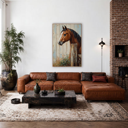 Bay Horse Fence Post Farmhouse wall art in a farmhouse-style room – bay horse with white blaze and black mane looking