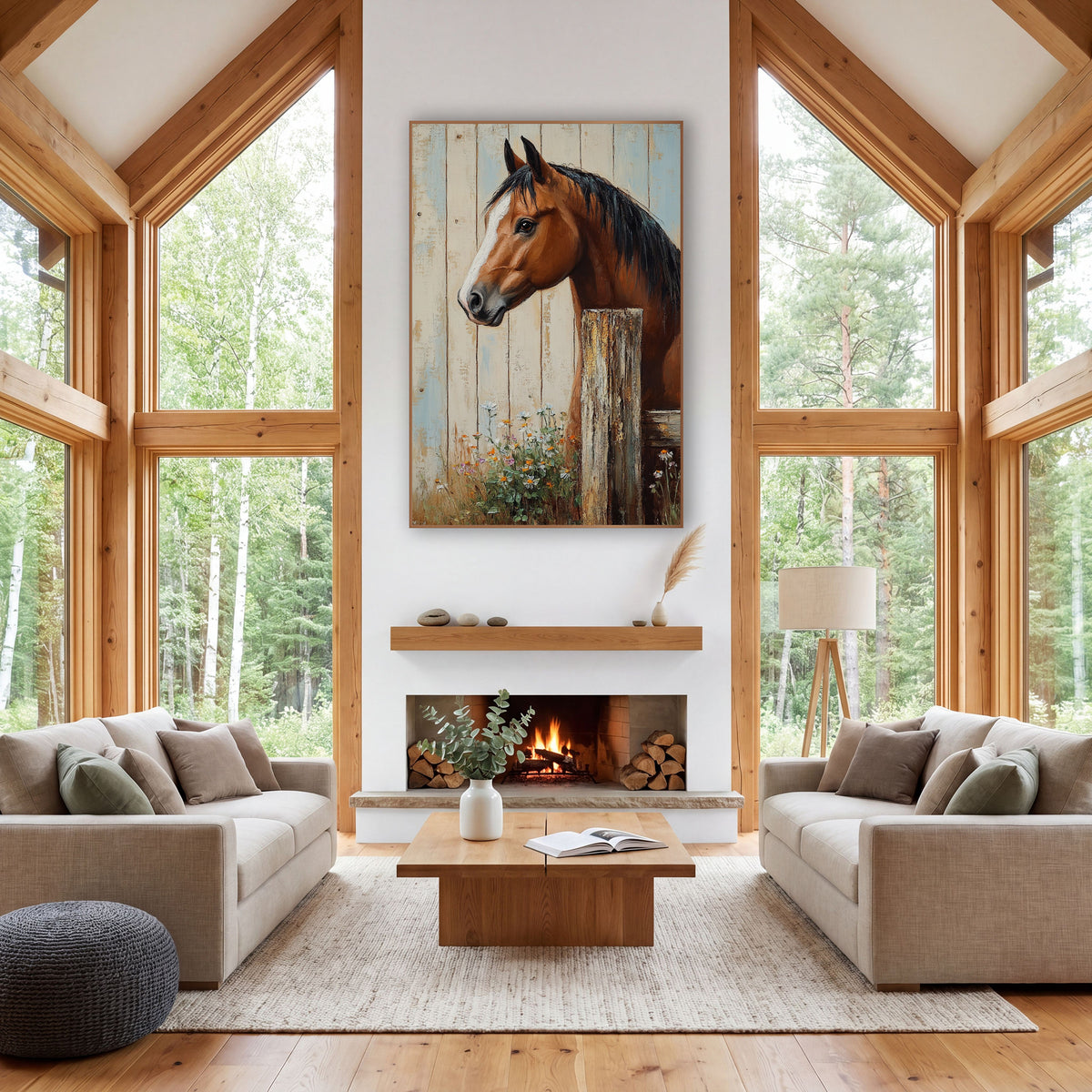 Bay Horse Fence Post Farmhouse wall art in a farmhouse-style room – bay horse with white blaze and black mane looking