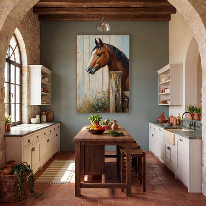 Bay Horse Fence Post Farmhouse wall art in a farmhouse-style room – bay horse with white blaze and black mane looking