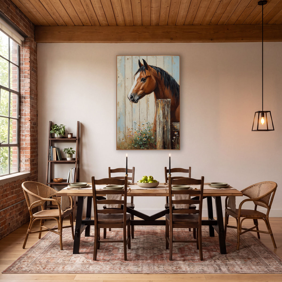 Bay Horse Fence Post Farmhouse wall art in a farmhouse-style room – bay horse with white blaze and black mane looking