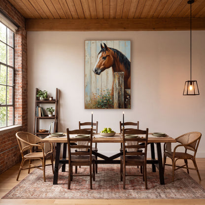 Bay Horse Fence Post Farmhouse wall art in a farmhouse-style room – bay horse with white blaze and black mane looking