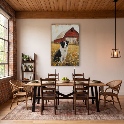 Collie Gazing Meadow Barn Vintage wall art in a farmhouse-style room – black and white border collie sitting
