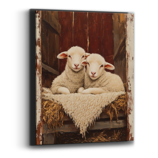 Cuddled Lambs Rustic Barn Farmhouse Canvas Wall Art