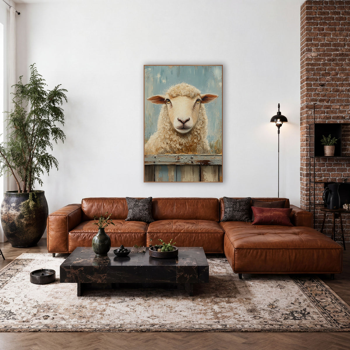 Cream Sheep Farmhouse Fence Rustic wall art in a farmhouse-style room – cream sheep with rust-brown ears behind a worn