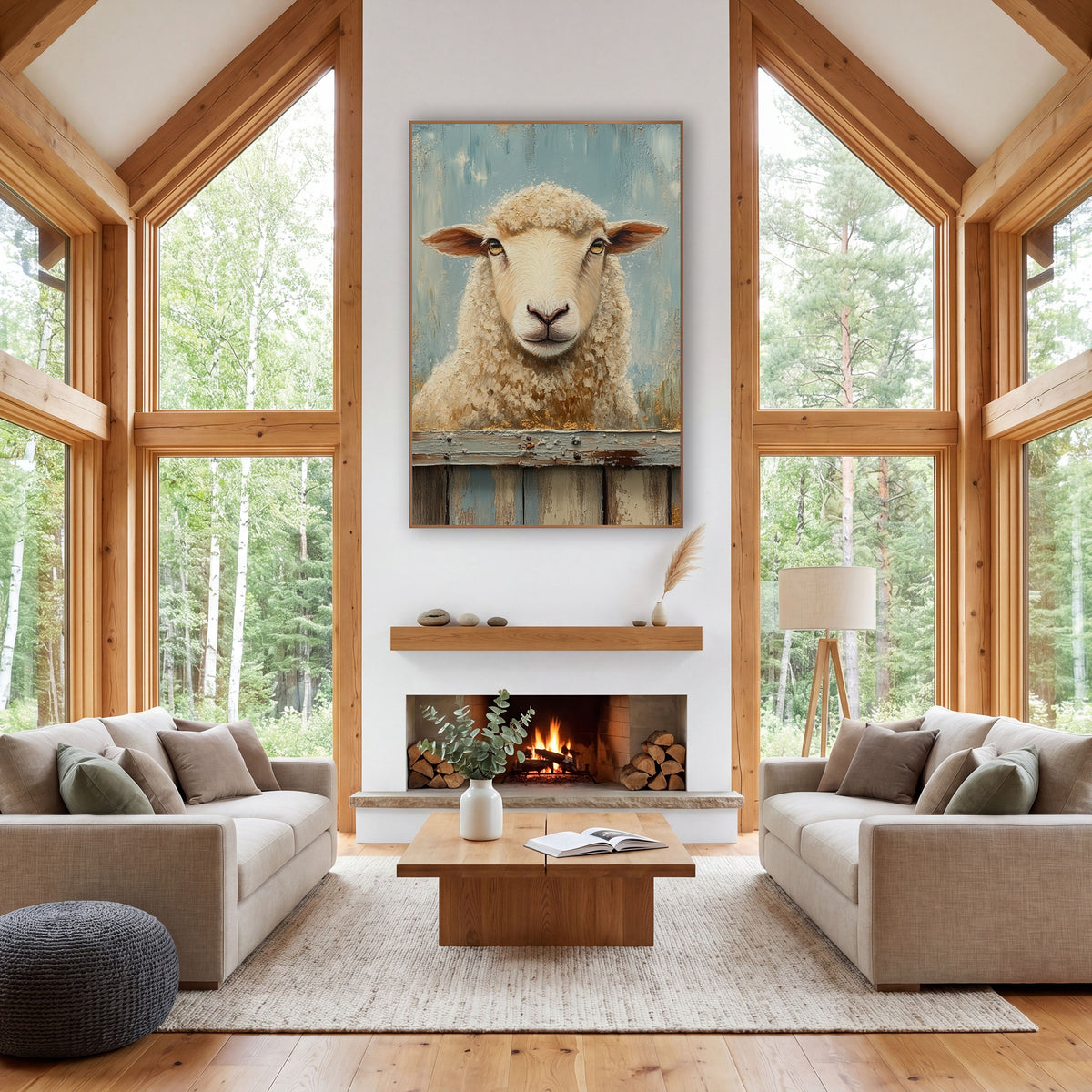 Cream Sheep Farmhouse Fence Rustic wall art in a farmhouse-style room – cream sheep with rust-brown ears behind a worn