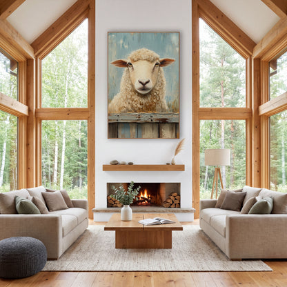 Cream Sheep Farmhouse Fence Rustic wall art in a farmhouse-style room – cream sheep with rust-brown ears behind a worn