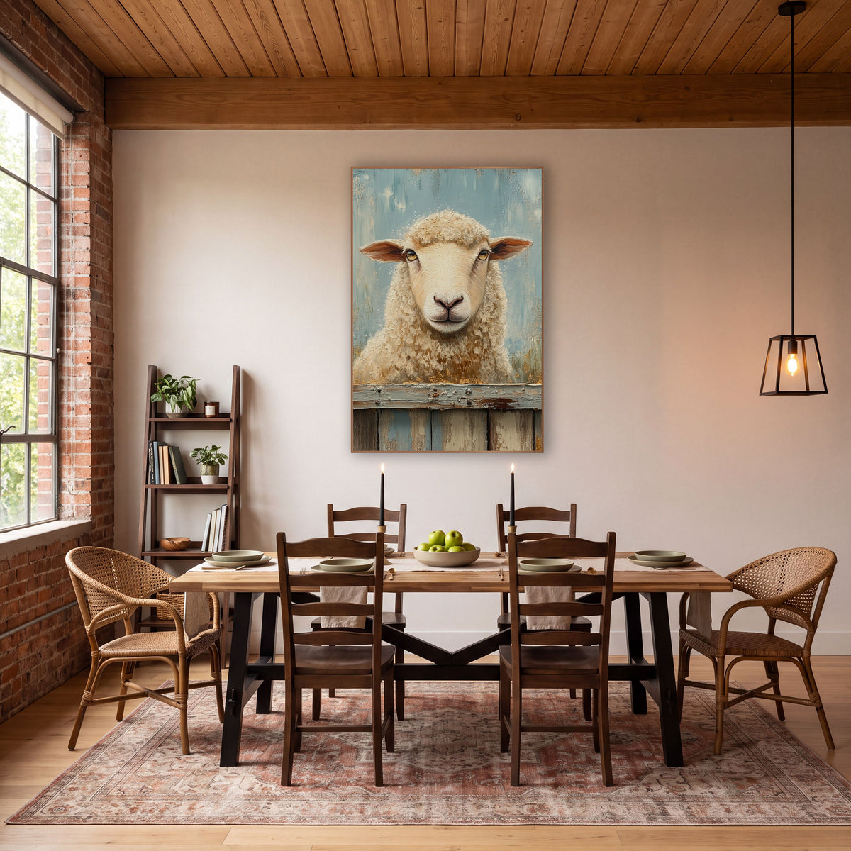 Cream Sheep Farmhouse Fence Rustic wall art in a farmhouse-style room – cream sheep with rust-brown ears behind a worn