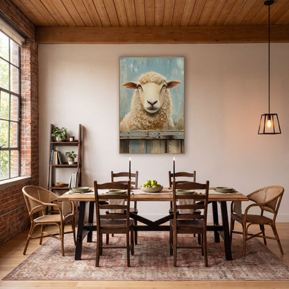 Cream Sheep Farmhouse Fence Rustic wall art in a farmhouse-style room – cream sheep with rust-brown ears behind a worn