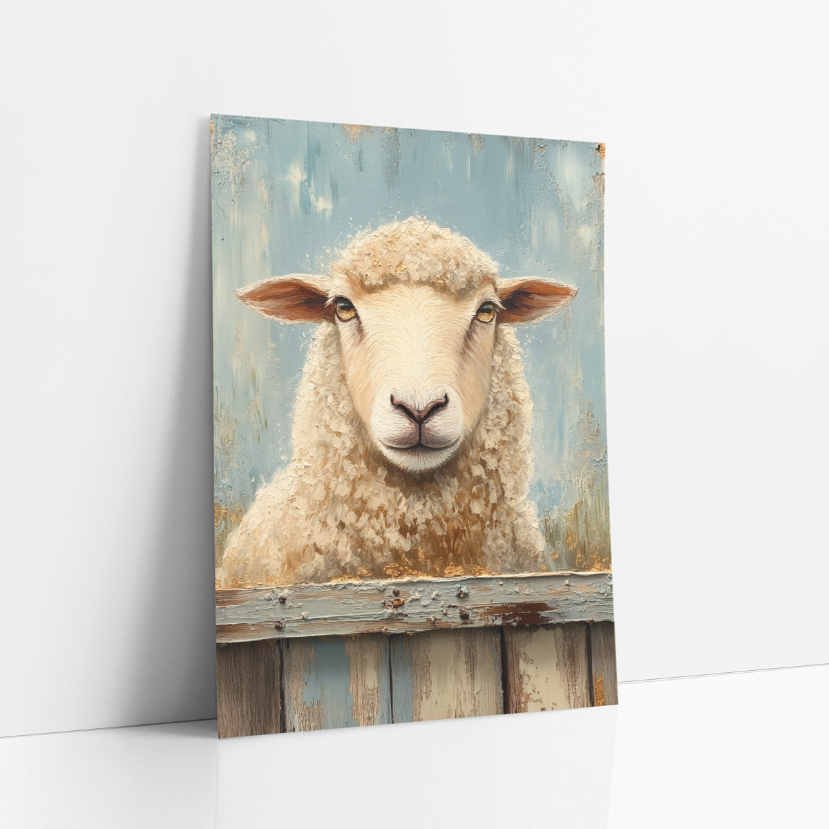 Cream Sheep Farmhouse Fence Rustic art print leaning against a white wall – cream sheep with rust-brown ears behind a worn