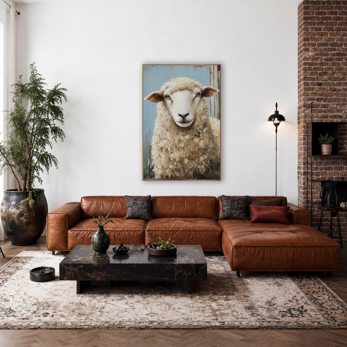 Curious Sheep Portrait Farmhouse Rustic wall art in a farmhouse-style room – front-facing sheep with thick cream wool