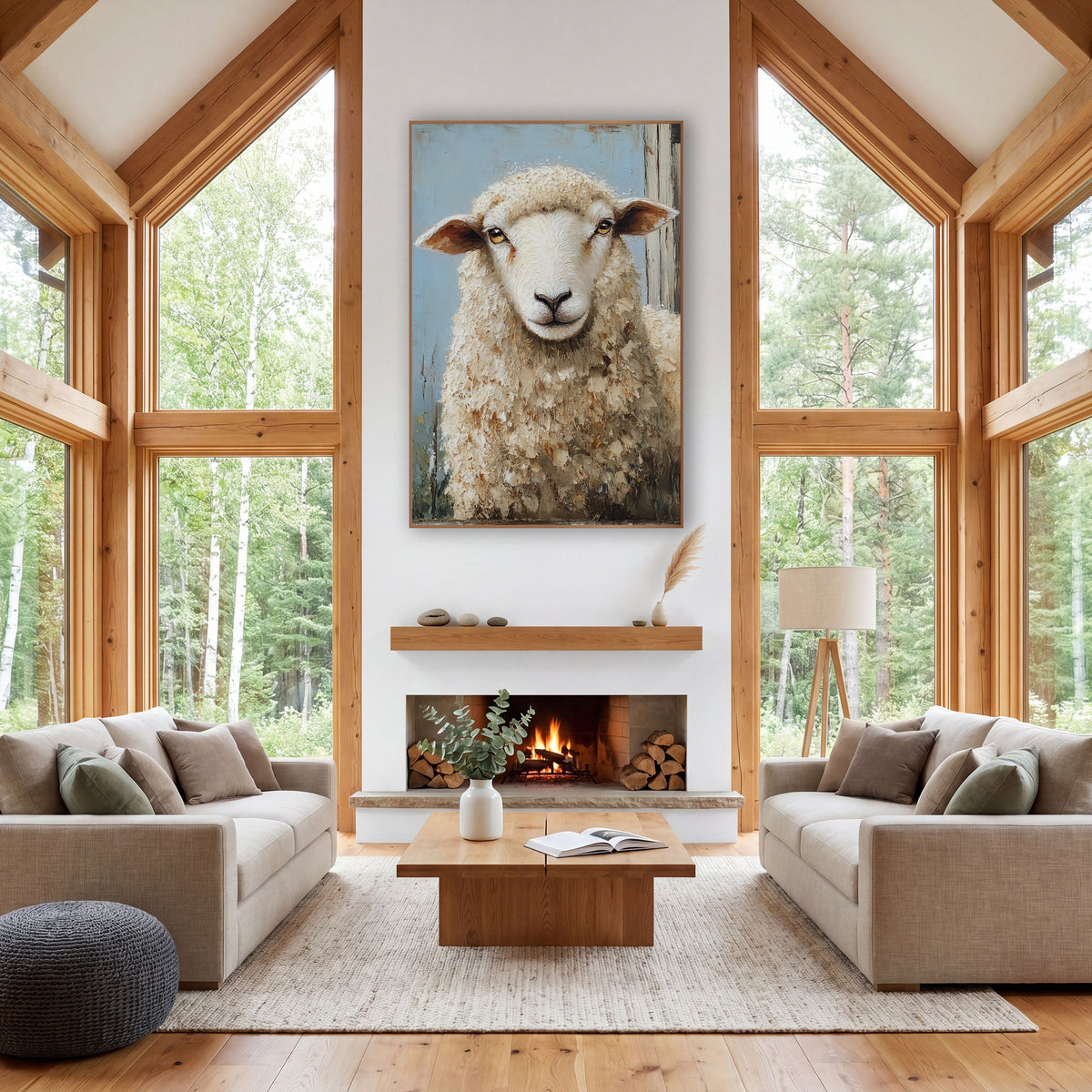 Curious Sheep Portrait Farmhouse Rustic wall art in a farmhouse-style room – front-facing sheep with thick cream wool