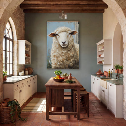 Curious Sheep Portrait Farmhouse Rustic wall art in a farmhouse-style room – front-facing sheep with thick cream wool