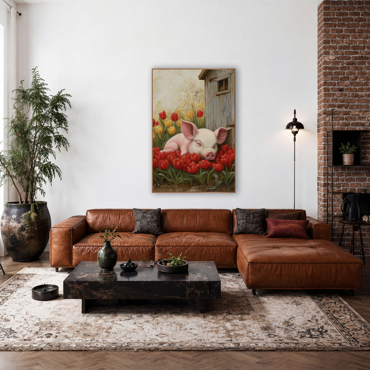Dozing Piglet Weathered Shed Oil wall art in a farmhouse-style room – sleeping pink piglet resting on red tulips