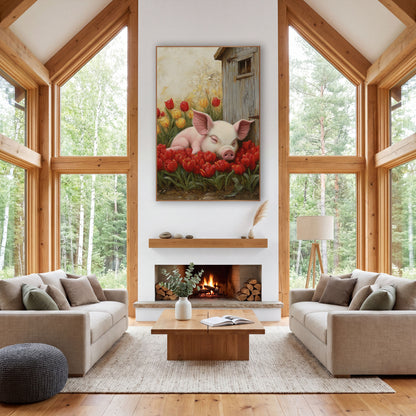 Dozing Piglet Weathered Shed Oil wall art in a farmhouse-style room – sleeping pink piglet resting on red tulips