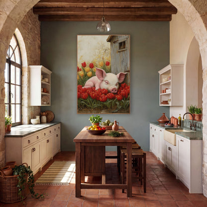 Dozing Piglet Weathered Shed Oil wall art in a farmhouse-style room – sleeping pink piglet resting on red tulips