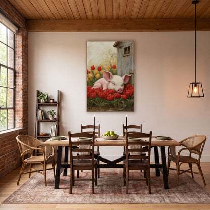 Dozing Piglet Weathered Shed Oil wall art in a farmhouse-style room – sleeping pink piglet resting on red tulips