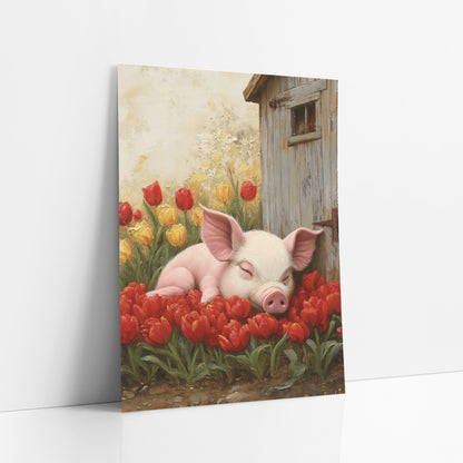 Dozing Piglet Weathered Shed Oil art print leaning against a white wall – sleeping pink piglet resting on red tulips