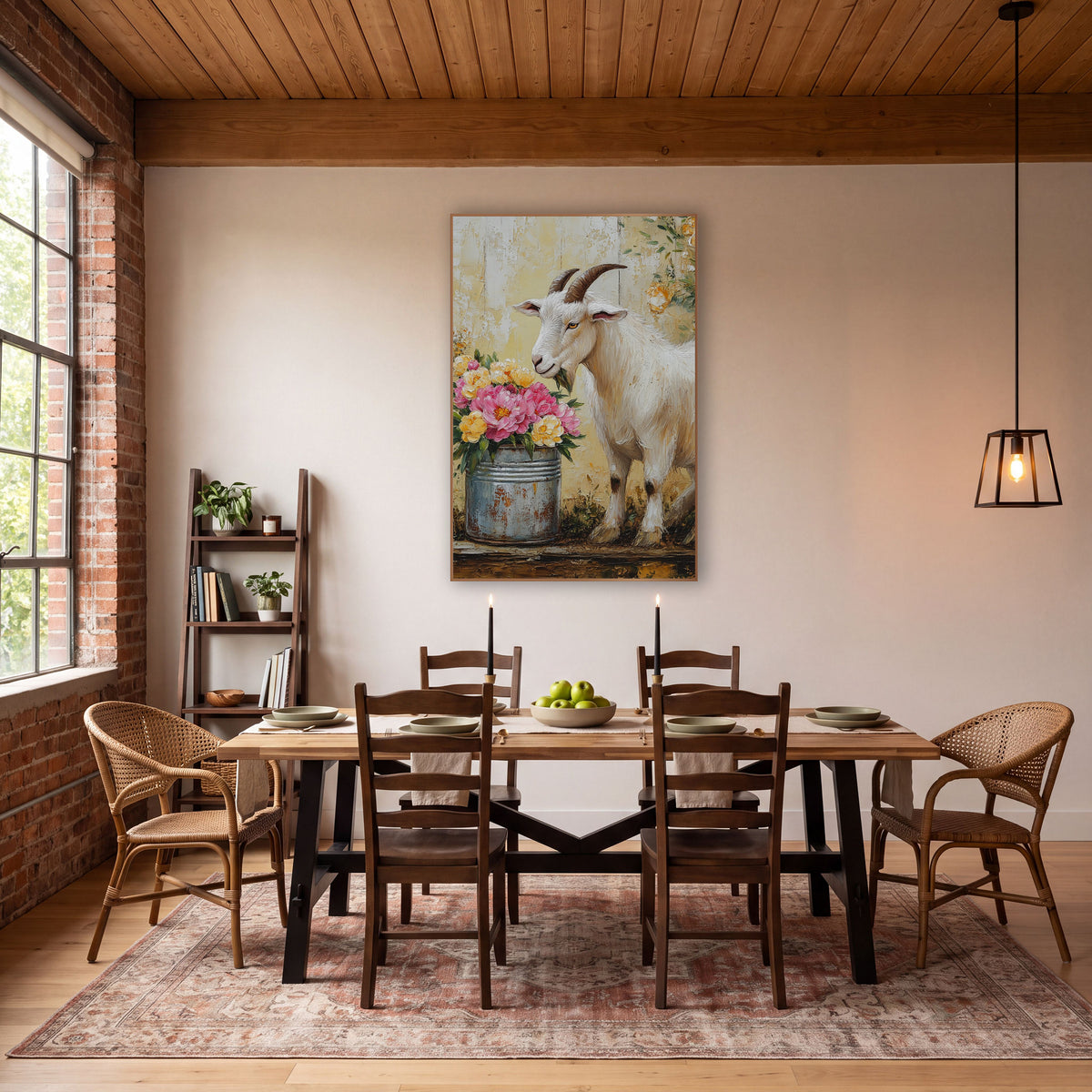 Goat With Peony Pail Farmhouse wall art in a farmhouse-style room – white goat with curved horns beside a rusty metal