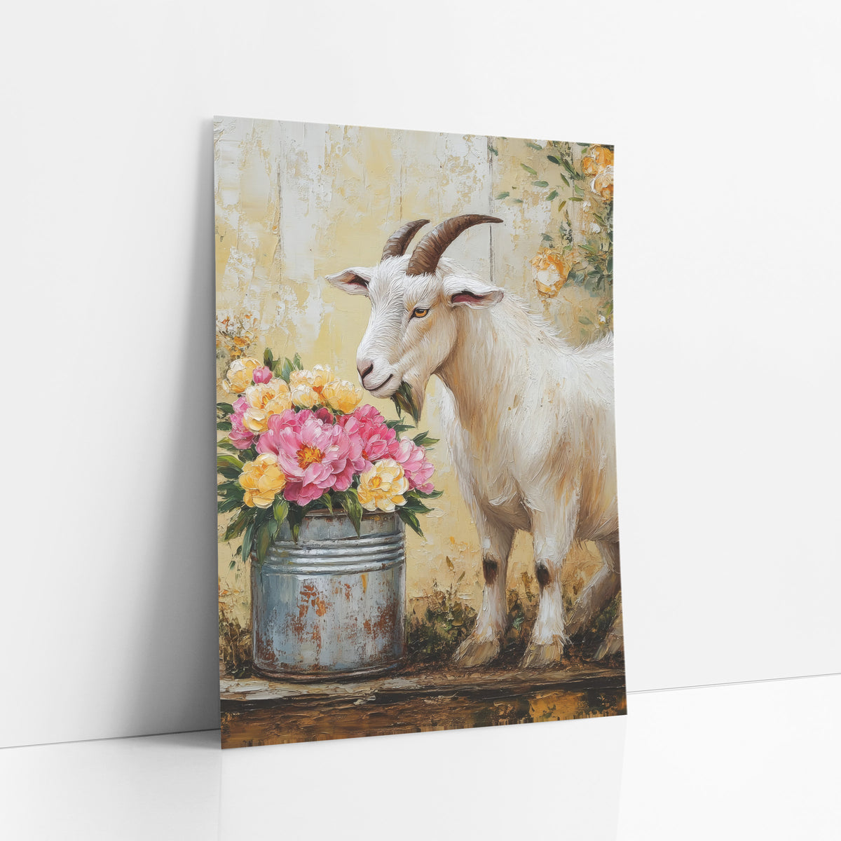 Goat With Peony Pail Farmhouse art print leaning against a white wall – white goat with curved horns beside a rusty metal