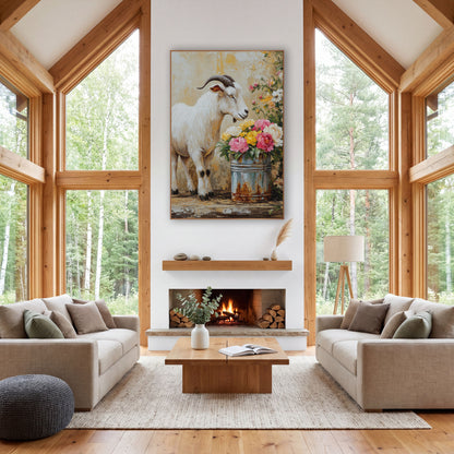 White Goat Peony Bucket Farmhouse wall art in a farmhouse-style room – white goat with curved horns sniffing a rusty