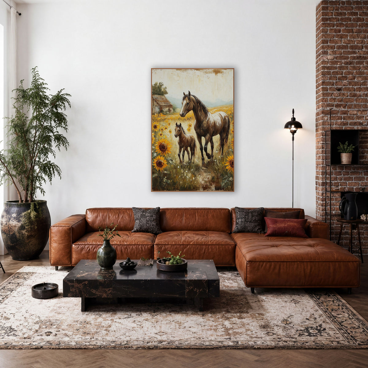 Sunflower Field Horses Farmhouse wall art in a farmhouse-style room – brown mare and foal walking through sunflowers