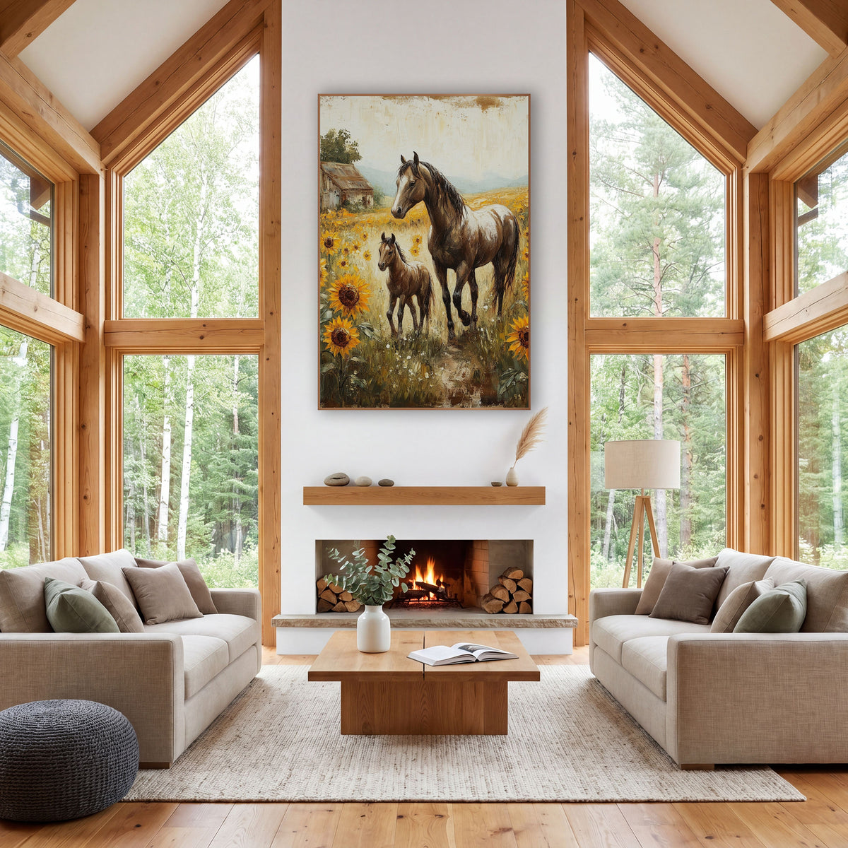 Sunflower Field Horses Farmhouse wall art in a farmhouse-style room – brown mare and foal walking through sunflowers