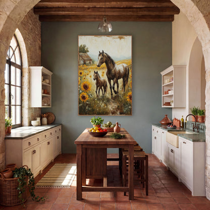 Sunflower Field Horses Farmhouse wall art in a farmhouse-style room – brown mare and foal walking through sunflowers
