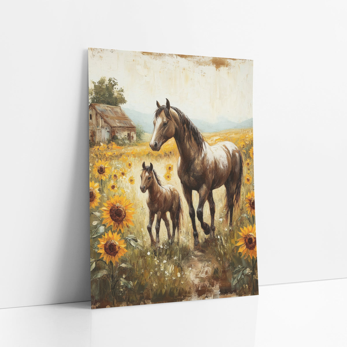Sunflower Field Horses Farmhouse art print leaning against a white wall – brown mare and foal walking through sunflowers past