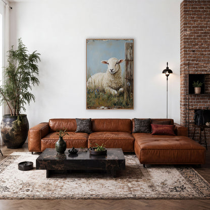 Resting Lamb Farmhouse Pasture Scene wall art in a farmhouse-style room – white lamb resting in tall grass