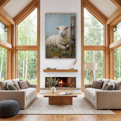 Resting Lamb Farmhouse Pasture Scene wall art in a farmhouse-style room – white lamb resting in tall grass