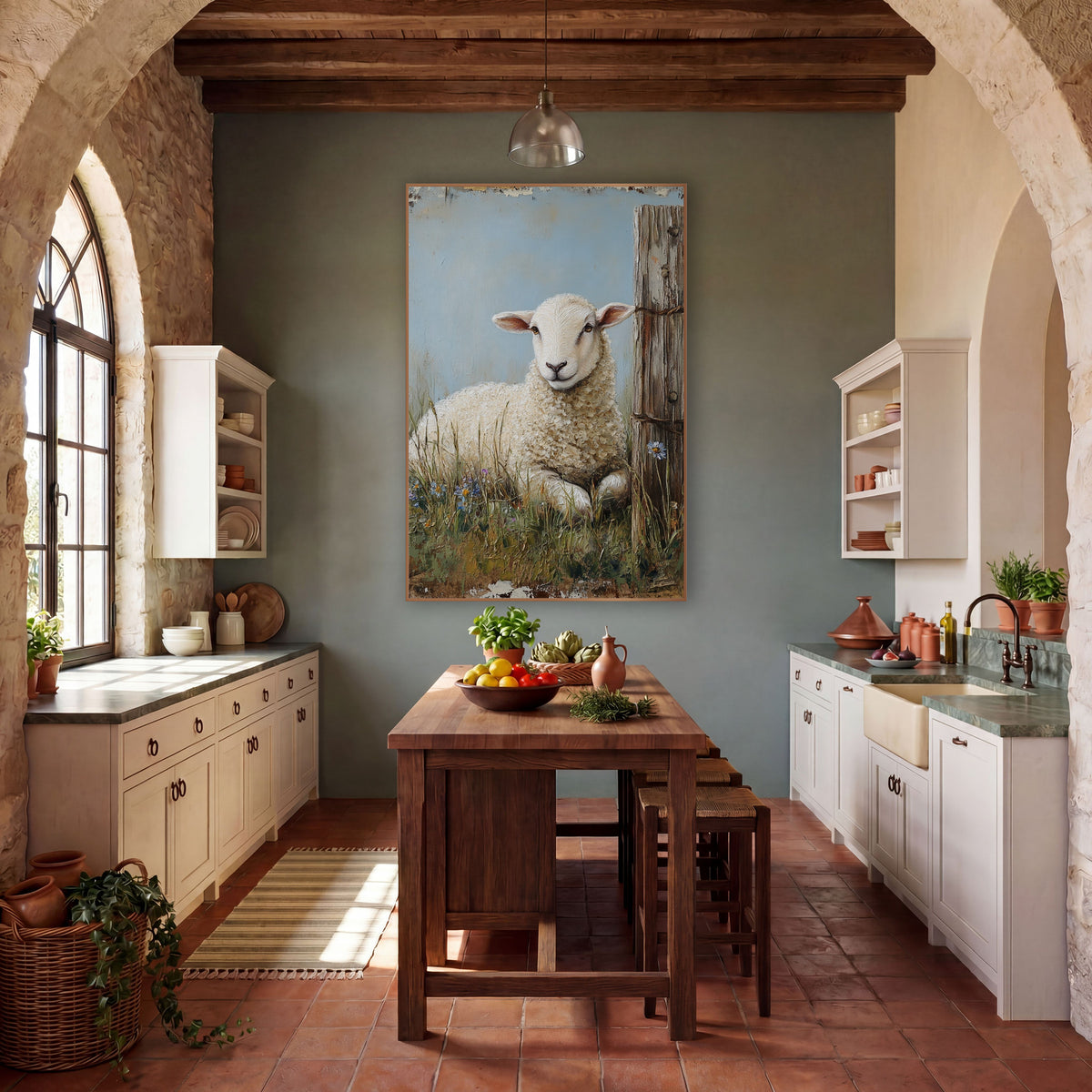 Resting Lamb Farmhouse Pasture Scene wall art in a farmhouse-style room – white lamb resting in tall grass