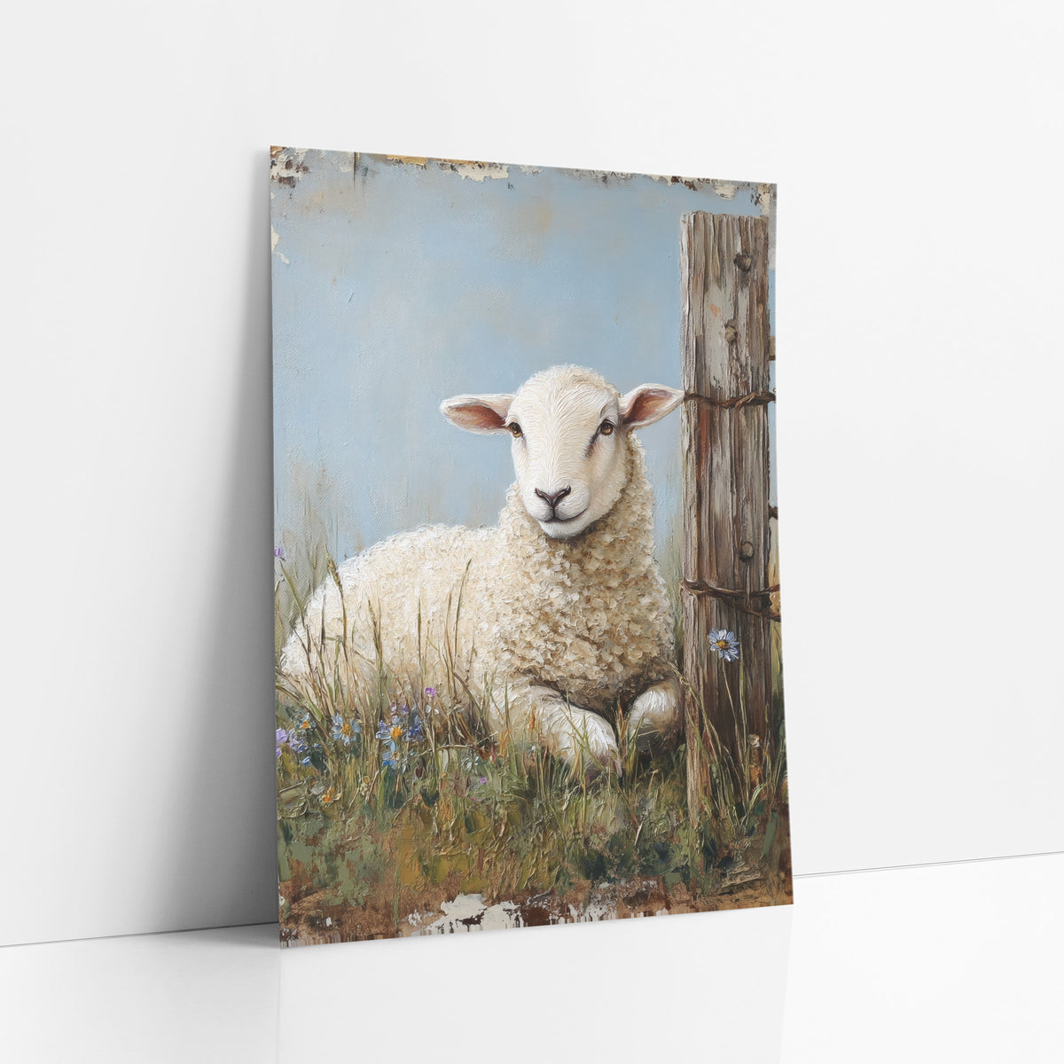Resting Lamb Farmhouse Pasture Scene art print leaning against a white wall – white lamb resting in tall grass