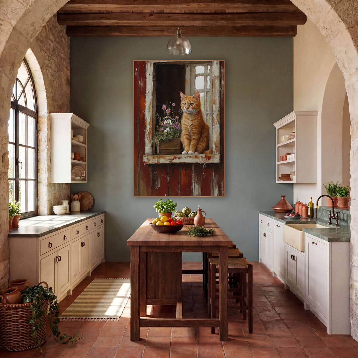 Orange Tabby Window Farmhouse wall art in a farmhouse-style room – orange tabby cat sitting on a chipped cream window