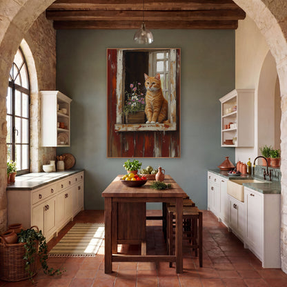 Orange Tabby Window Farmhouse wall art in a farmhouse-style room – orange tabby cat sitting on a chipped cream window