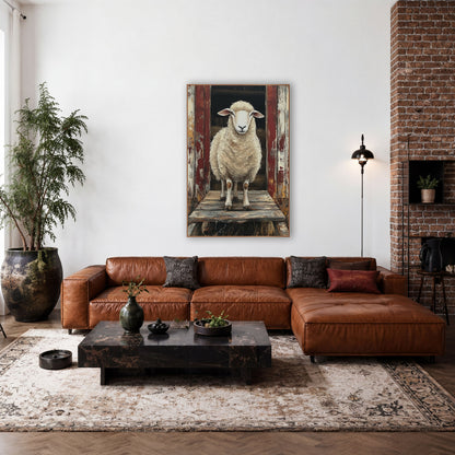 Doorway Sheep Hay Loft Painterly wall art in a farmhouse-style room – cream woolly sheep standing in an open barn