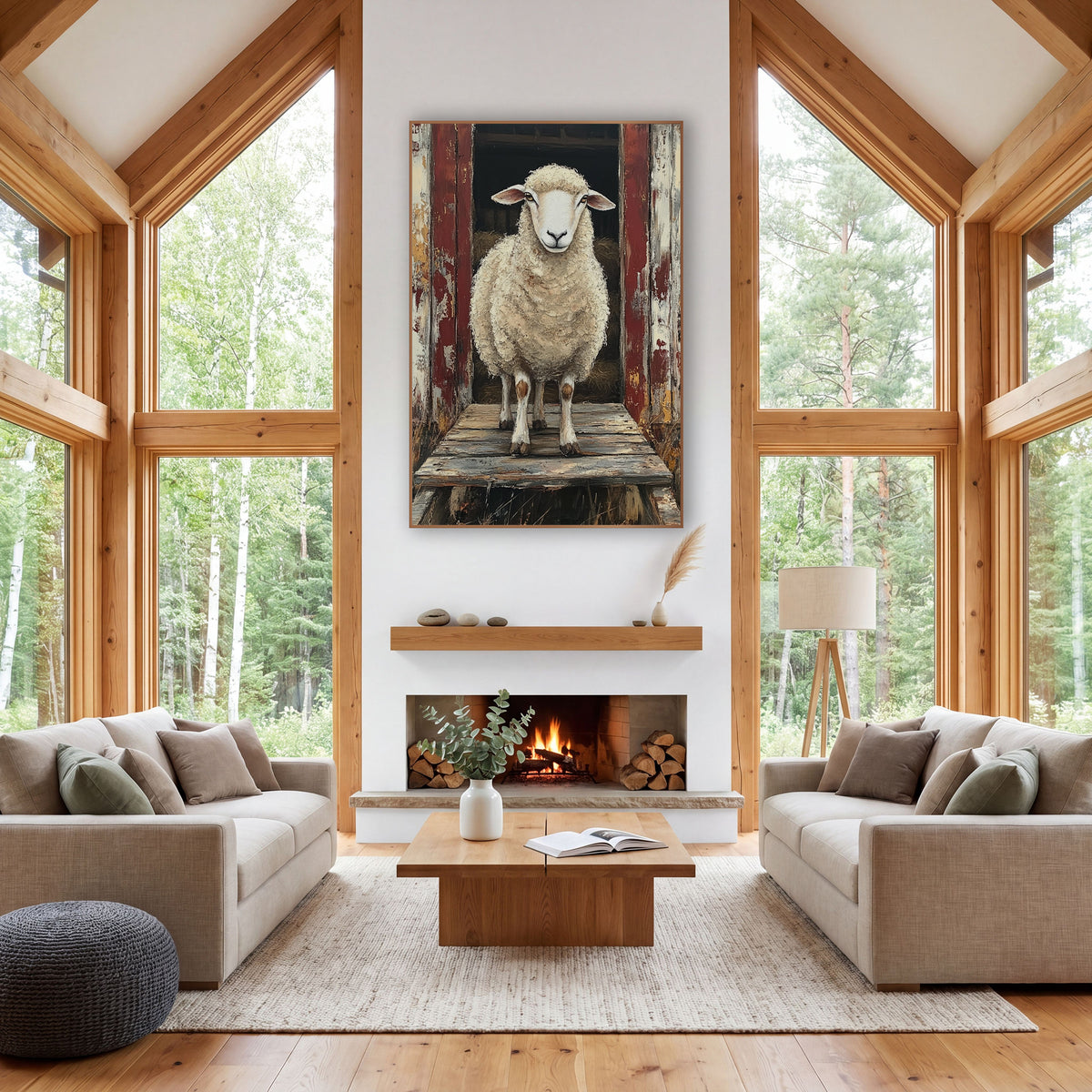 Doorway Sheep Hay Loft Painterly wall art in a farmhouse-style room – cream woolly sheep standing in an open barn