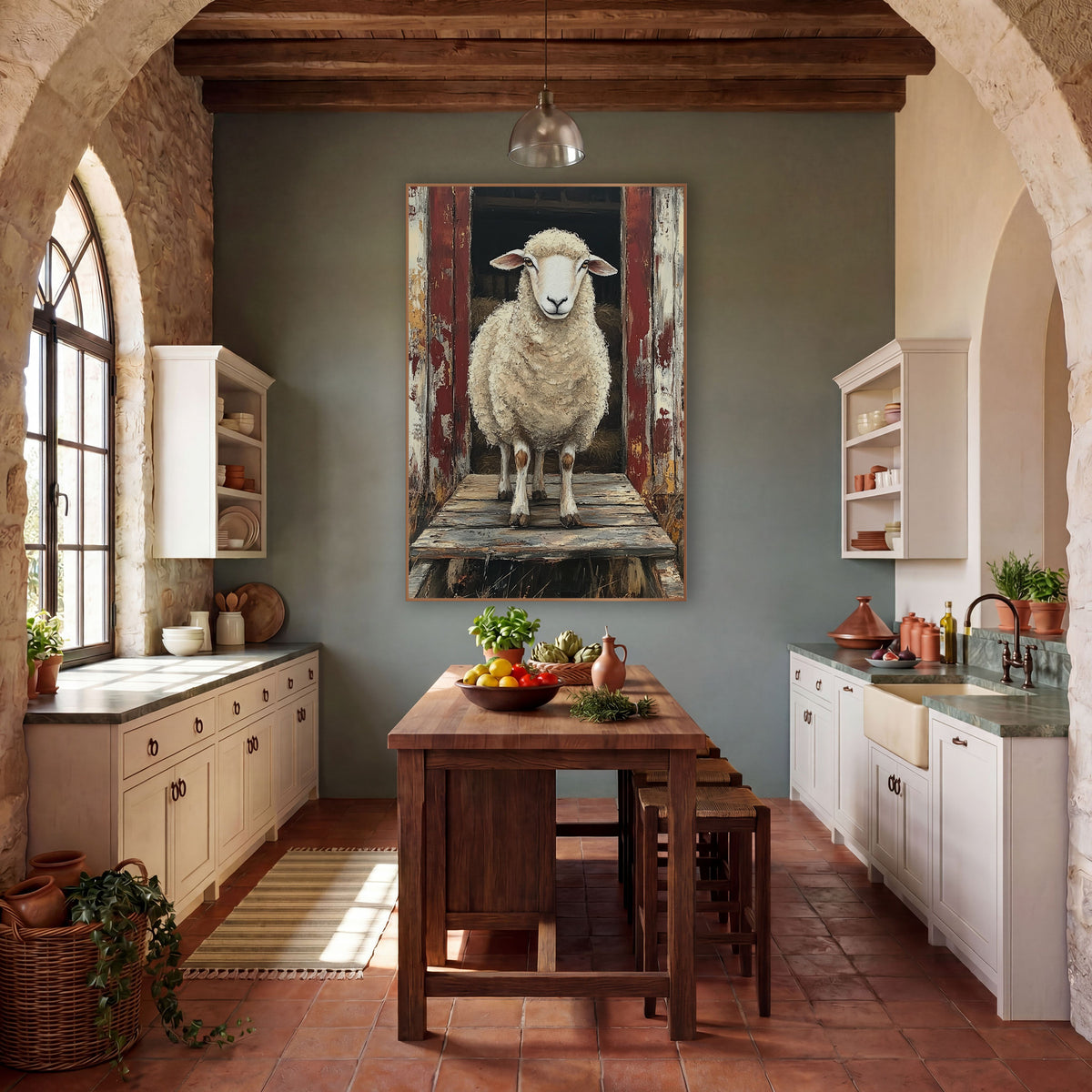 Doorway Sheep Hay Loft Painterly wall art in a farmhouse-style room – cream woolly sheep standing in an open barn