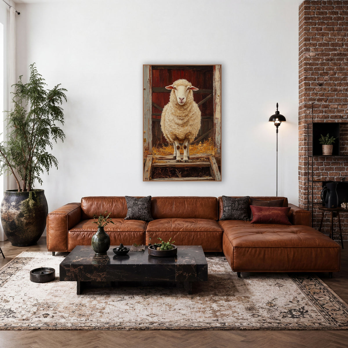 Sheep at Red Barn Door Farmhouse wall art in a farmhouse-style room – cream woolly sheep standing on wooden steps