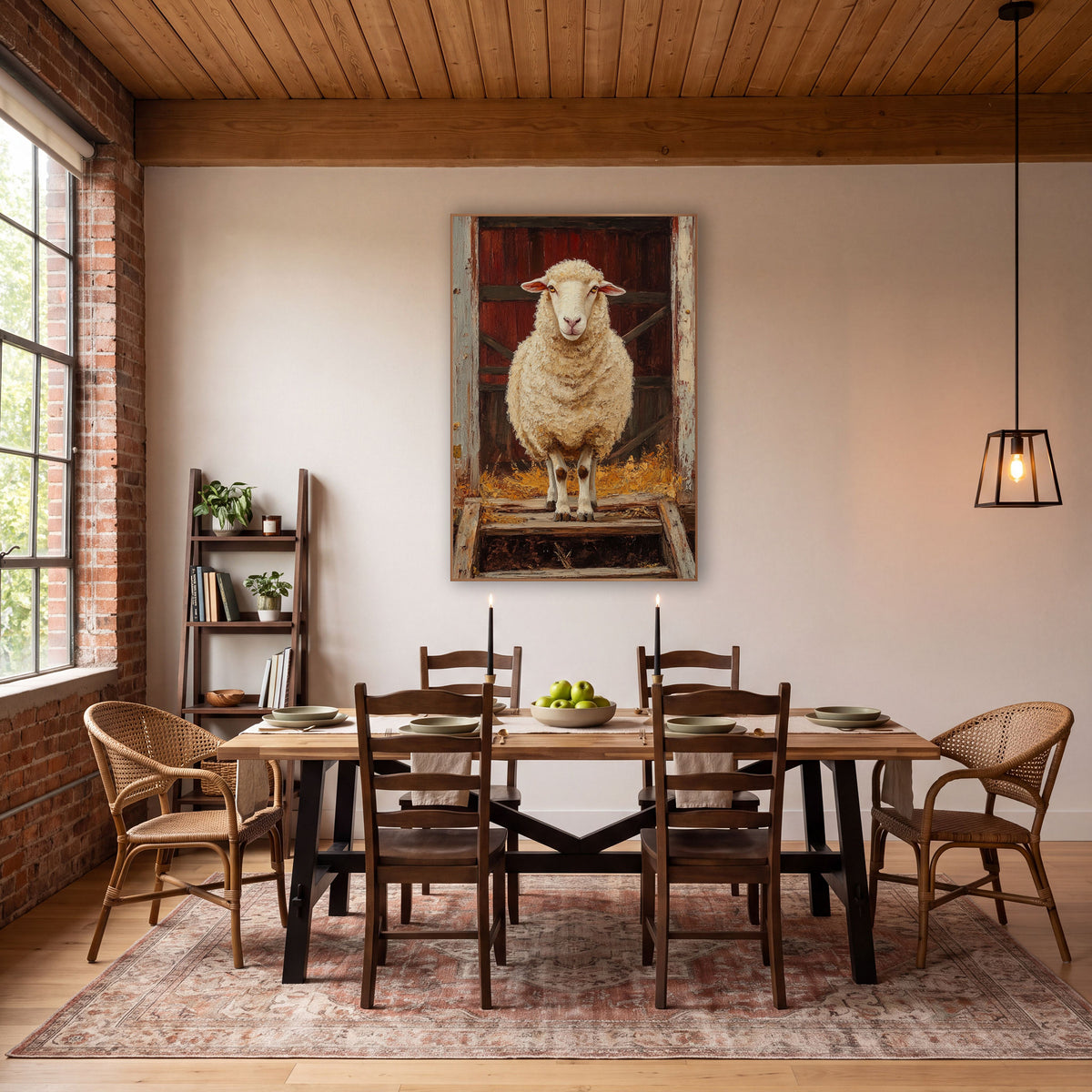 Sheep at Red Barn Door Farmhouse wall art in a farmhouse-style room – cream woolly sheep standing on wooden steps