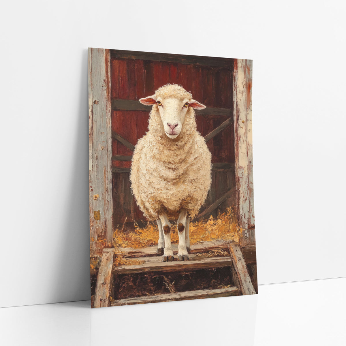 Sheep at Red Barn Door Farmhouse art print leaning against a white wall – cream woolly sheep standing on wooden steps before
