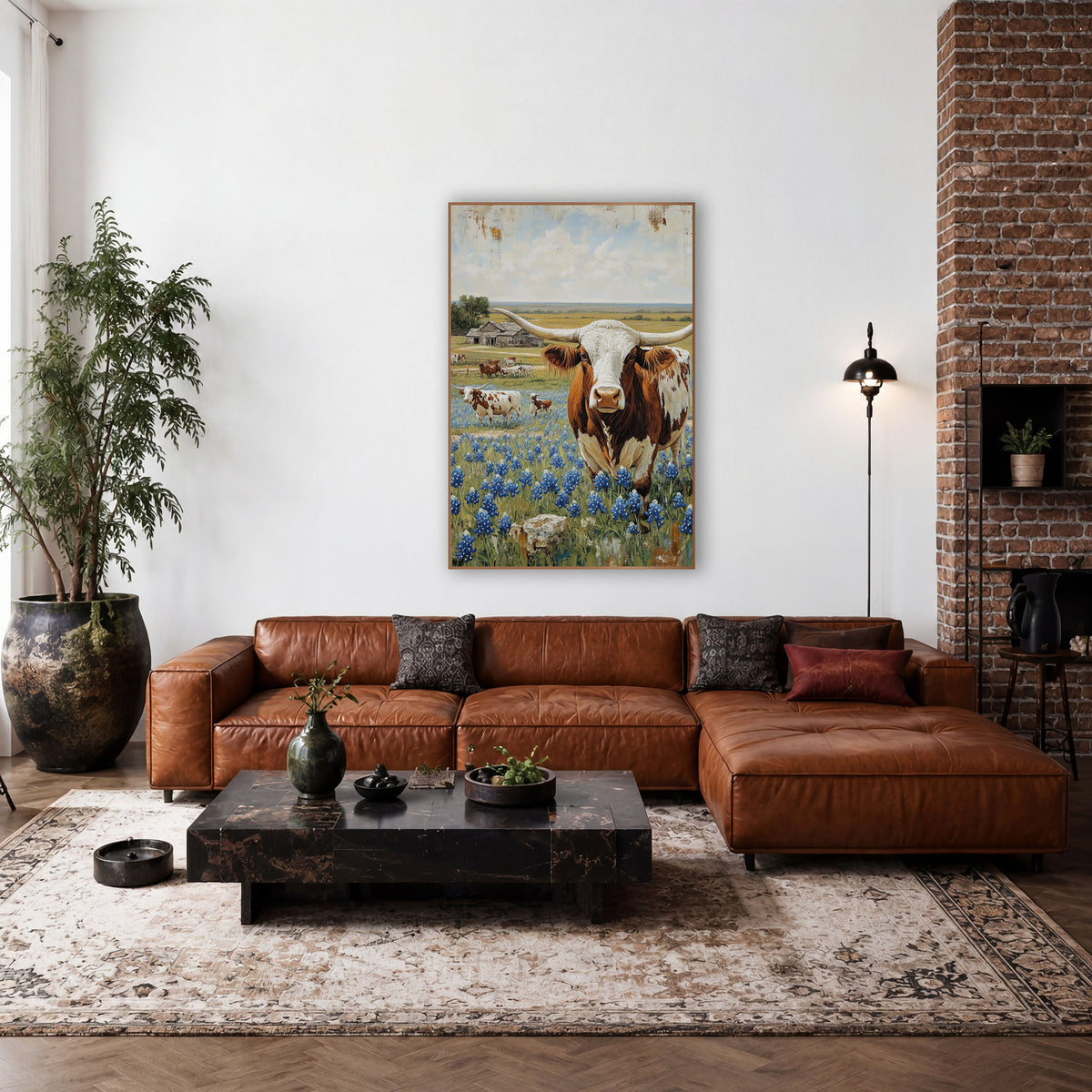 Longhorn Bluebonnet Field Farmhouse wall art in a farmhouse-style room – rust and white longhorn steer standing